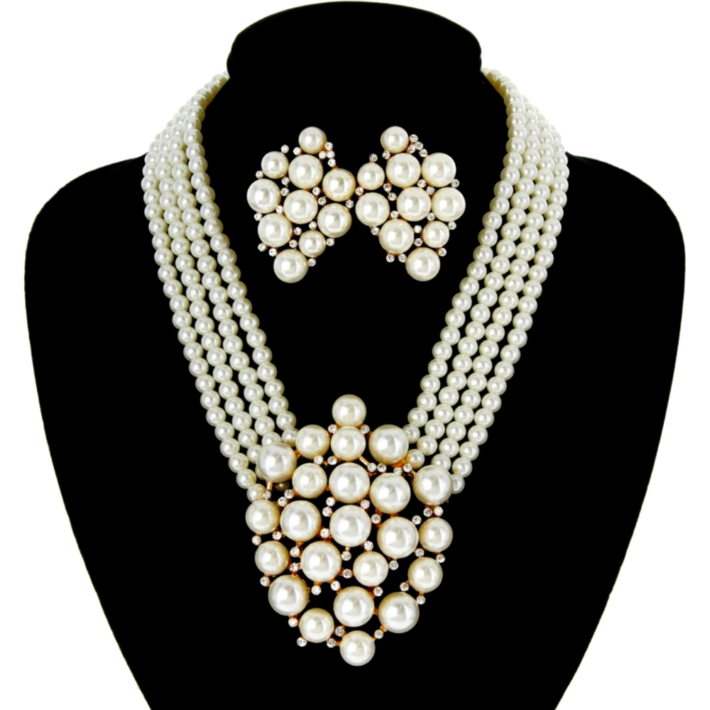 Elegant Four Strand Pearl Necklace Exquisite Attached Pendant Matching Earrings